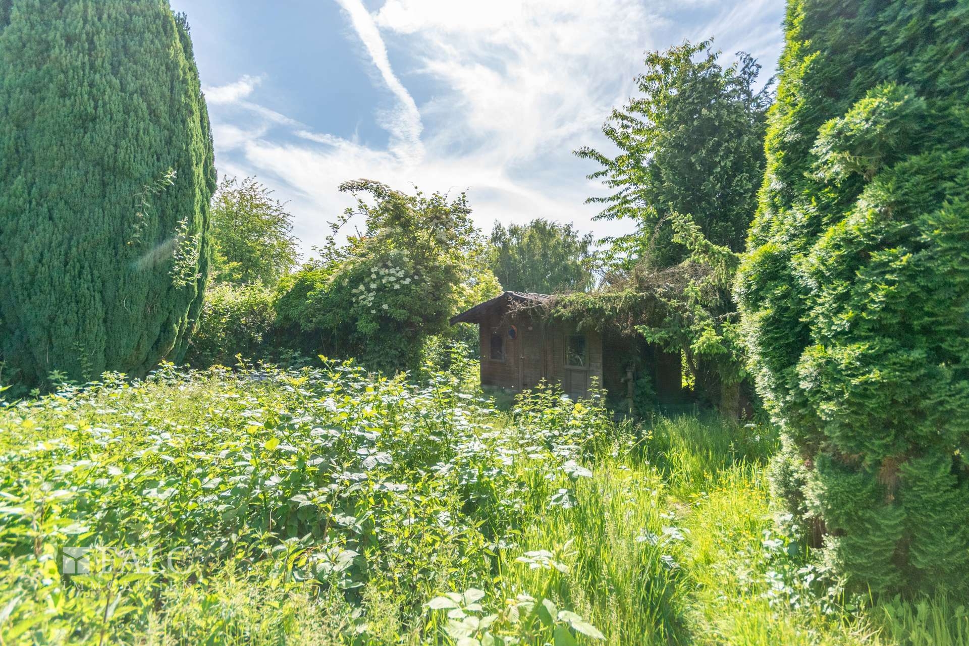 Blick auf die Gartenhütte